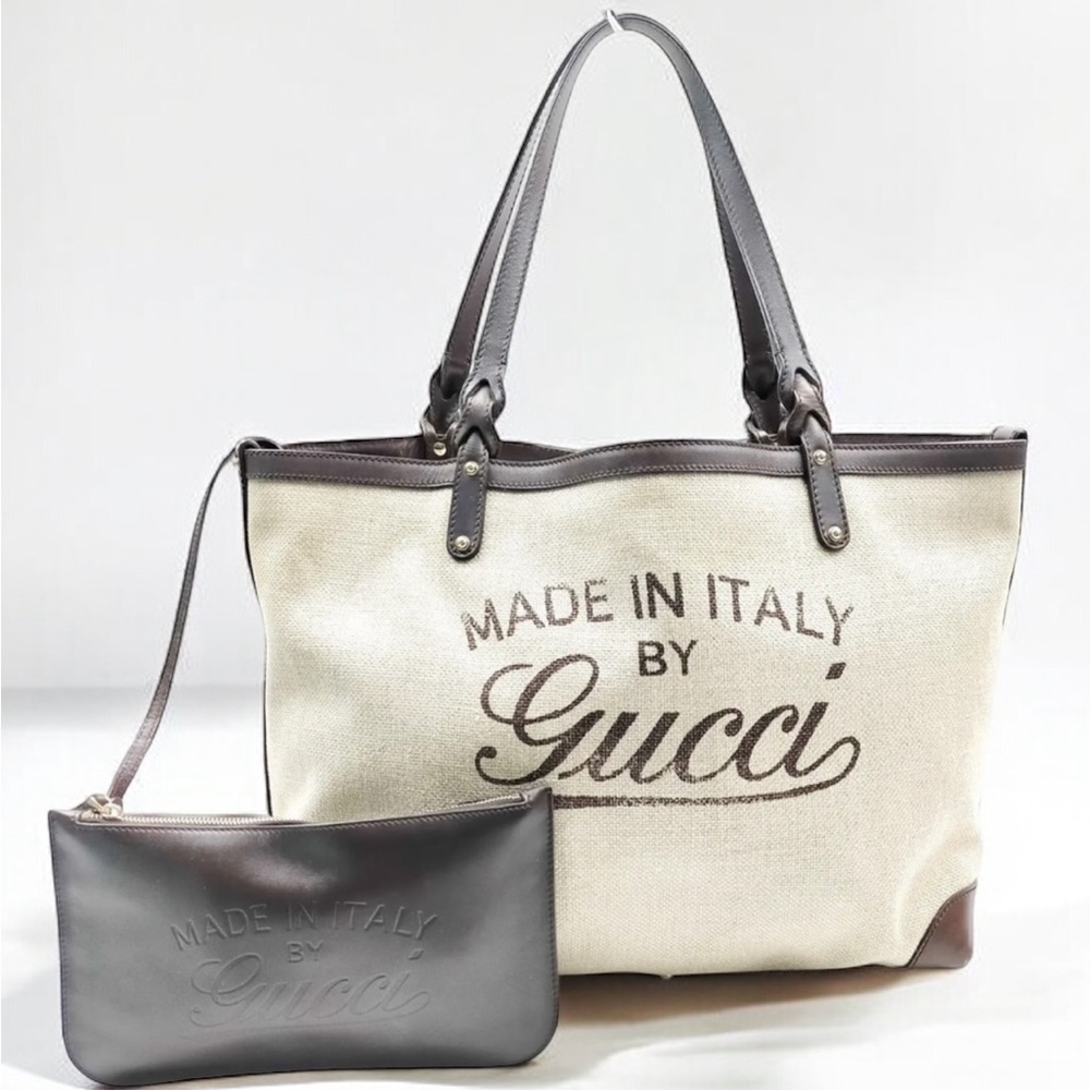 Gucci Logo Craft Linen Shoulder Tote Bag